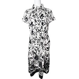Jessica Howard Black White Floral Shirt Dress Sz 12 Button Front Parisian Chic